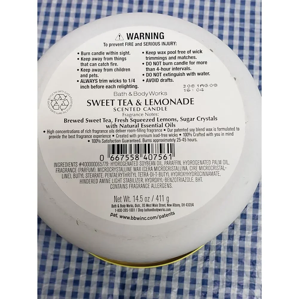 BBW Sweet Tea & Lemonade Large 3 Wick Candle Home Fragrance Decor - Picture 2 of 2
